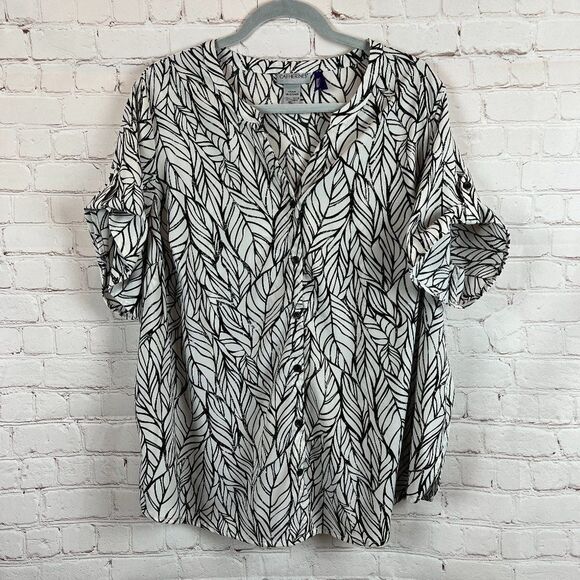 CATHERINES Petite black white stretch button down blouse shirt top 1XWP 18/20WP - Picture 1 of 5